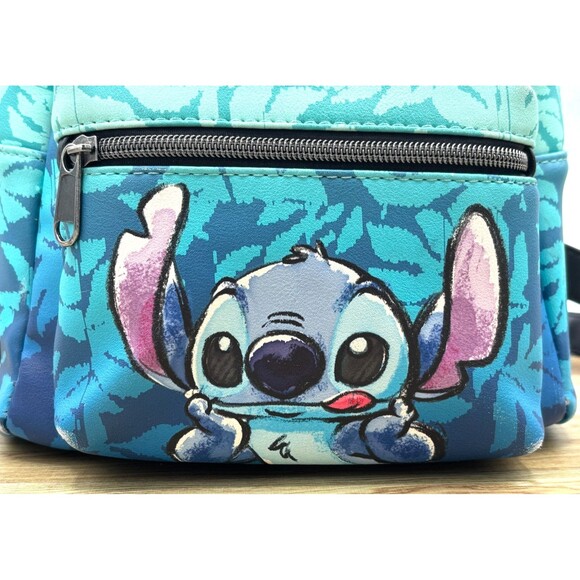 Disney Lilo & Stitch Loungefly Blue Tropical Leaves Mini Backpack Zippered EUC - Picture 2 of 16